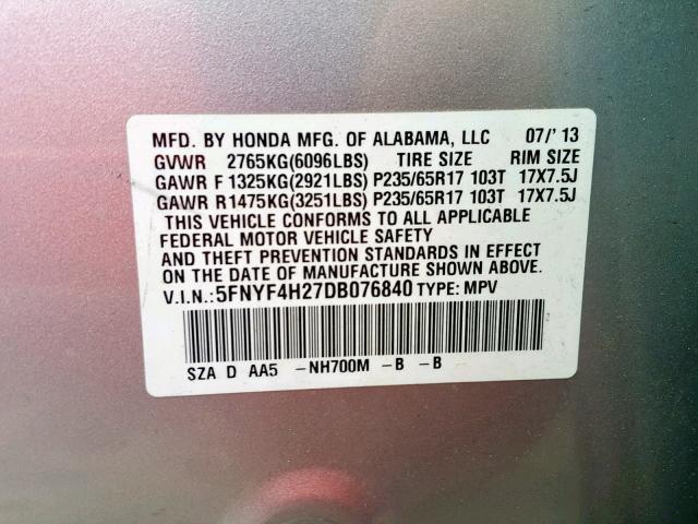 5FNYF4H27DB076840 - 2013 HONDA PILOT LX SILVER photo 10