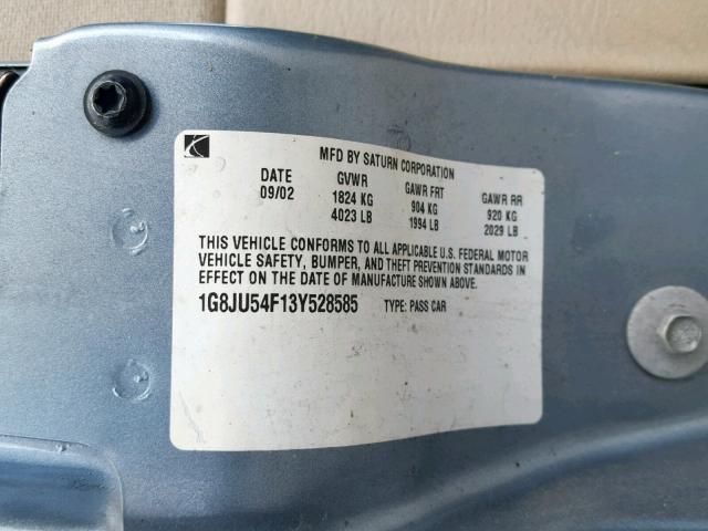 1G8JU54F13Y528585 - 2003 SATURN L200 BLUE photo 10