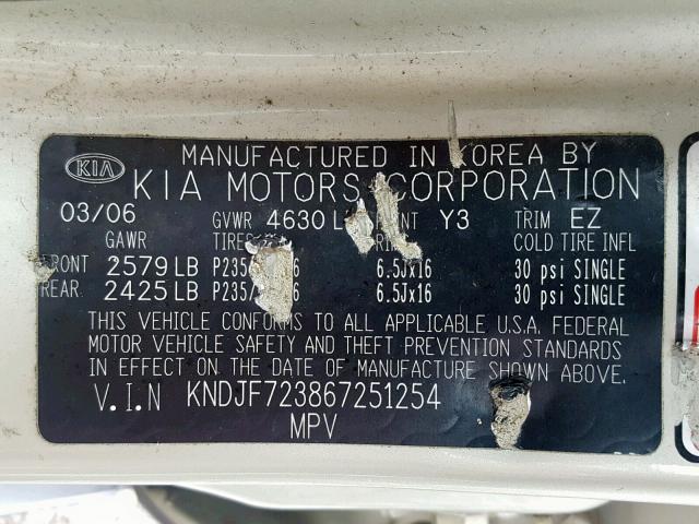 KNDJF723867251254 - 2006 KIA NEW SPORTA SILVER photo 10