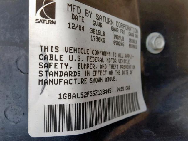 1G8AL52F35Z138445 - 2005 SATURN ION LEVEL GRAY photo 10