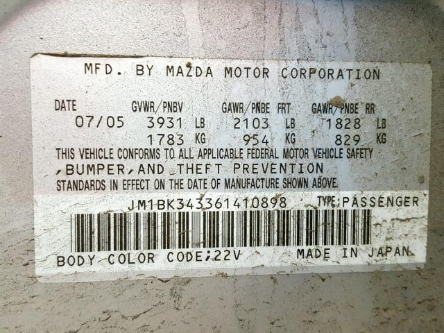 JM1BK343361410898 - 2006 MAZDA 3 HATCHBAC SILVER photo 10