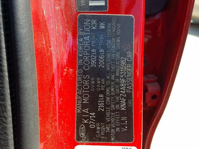 KNAFZ4A89F5315982 - 2015 KIA FORTE EX RED photo 10