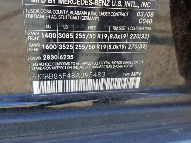 4JGBB86E48A395483 - 2008 MERCEDES-BENZ ML 350 BLACK photo 10