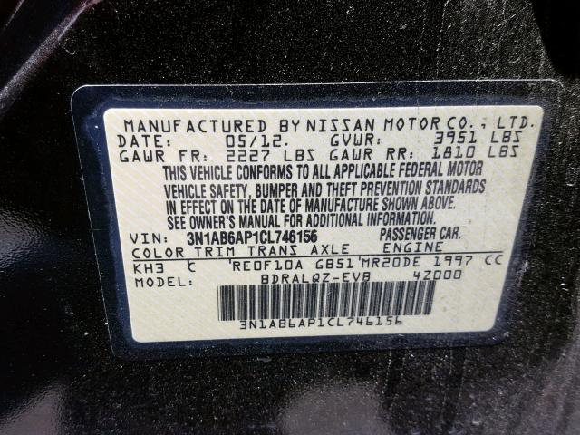 3N1AB6AP1CL746156 - 2012 NISSAN SENTRA 2.0 BLACK photo 10