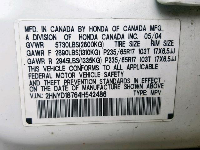 2HNYD18764H542486 - 2004 ACURA MDX TOURIN WHITE photo 10