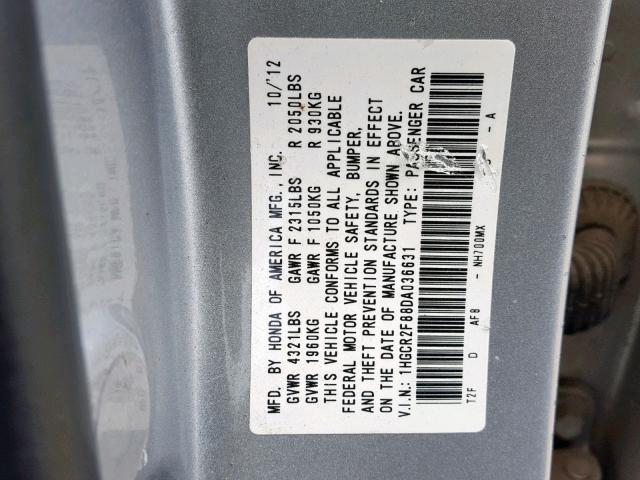 1HGCR2F88DA036631 - 2013 HONDA ACCORD EXL GRAY photo 10