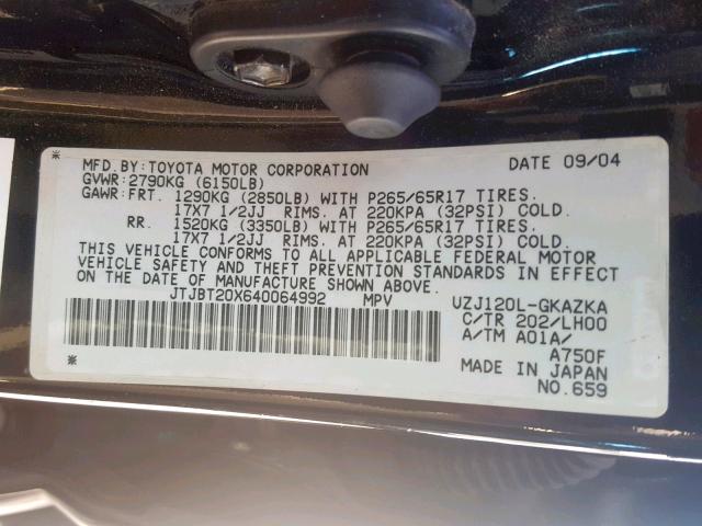 JTJBT20X640064992 - 2004 LEXUS GX 470 BLACK photo 10