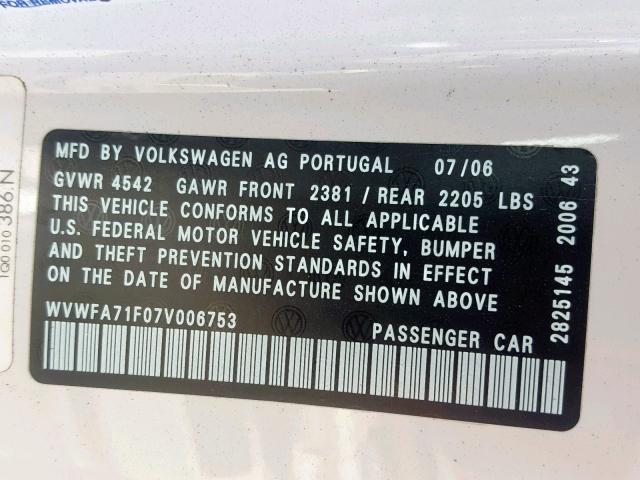 WVWFA71F07V006753 - 2007 VOLKSWAGEN EOS 2.0T L WHITE photo 10