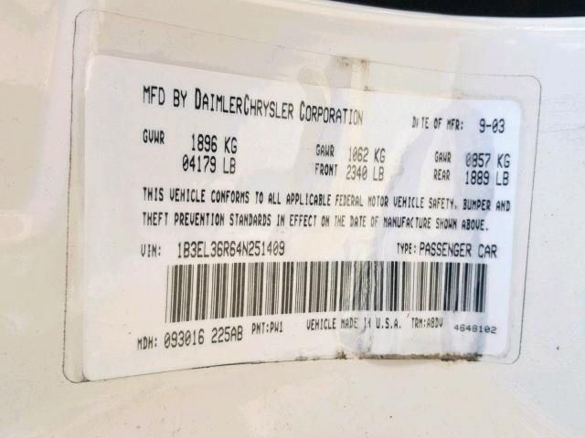 1B3EL36R64N251409 - 2004 DODGE STRATUS SE WHITE photo 10