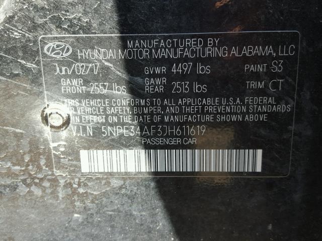 5NPE34AF3JH611619 - 2018 HYUNDAI SONATA SPO BLACK photo 10