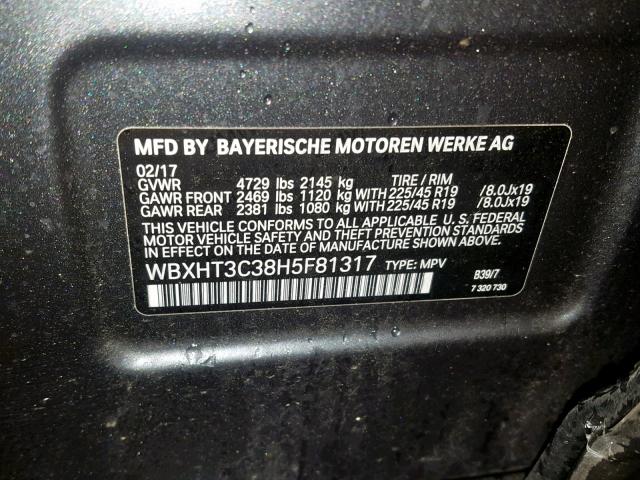 WBXHT3C38H5F81317 - 2017 BMW X1 XDRIVE2 CHARCOAL photo 10