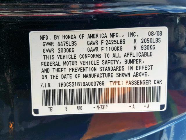 1HGCS21819A000766 - 2009 HONDA ACCORD EXL BLACK photo 10