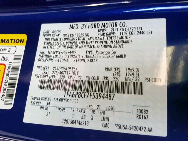 1FA6P8CF7F5394487 - 2015 FORD MUSTANG GT BLUE photo 10