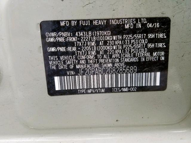 JF2GPABC2G8285689 - 2016 SUBARU CROSSTREK TAN photo 10