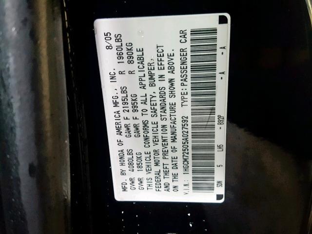 1HGCM72505A027592 - 2005 HONDA ACCORD BLACK photo 10