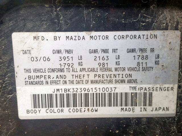 JM1BK323961510037 - 2006 MAZDA 3 S BLACK photo 10