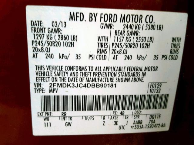 2FMDK3JC4DBB90181 - 2013 FORD EDGE SEL RED photo 10