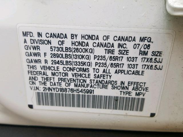 2HNYD18876H545991 - 2006 ACURA MDX TOURIN WHITE photo 10