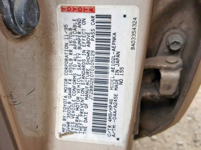 JT2BB02E0T0109129 - 1996 TOYOTA COROLLA DX CREAM photo 10