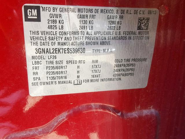 3GNAL2EK7ES539630 - 2014 CHEVROLET CAPTIVA LS 红色 照片 10