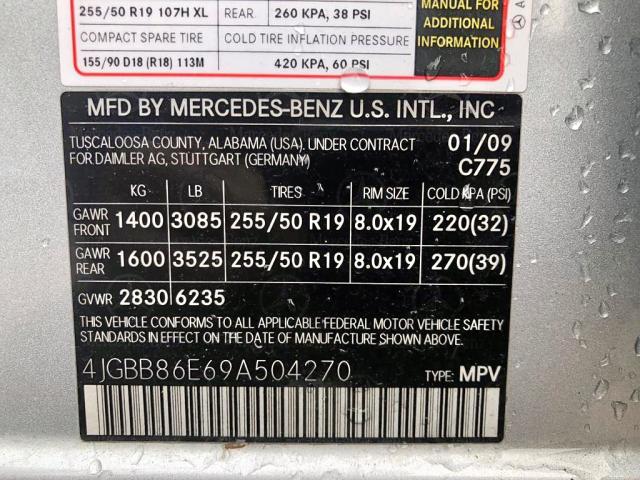 4JGBB86E69A504270 - 2009 MERCEDES-BENZ ML 350 SILVER photo 9