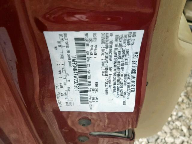 1FAFP34N47W237505 - 2007 FORD FOCUS ZX4 MAROON photo 10