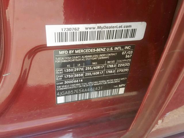 4JGAB57E54A461431 - 2004 MERCEDES-BENZ ML 350 RED photo 10