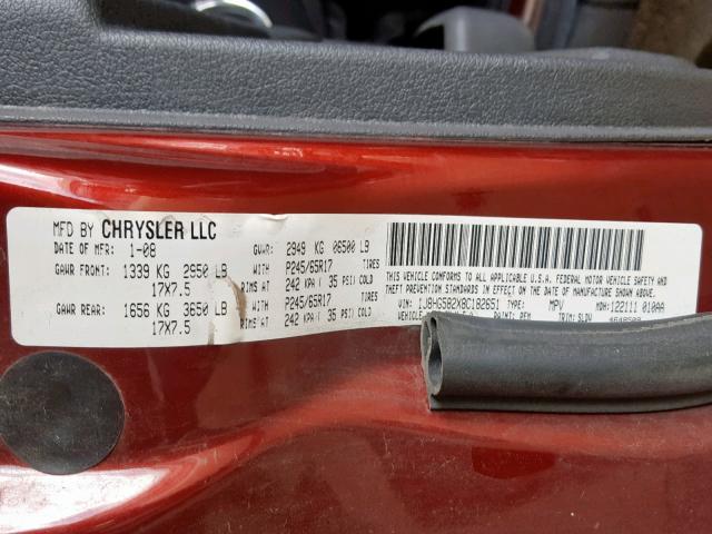 1J8HG582X8C182651 - 2008 JEEP COMMANDER BURGUNDY photo 10