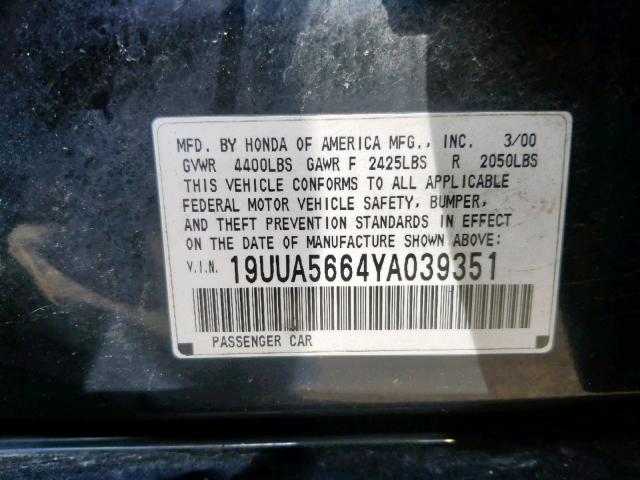 19UUA5664YA039351 - 2000 ACURA 3.2TL BLACK photo 10