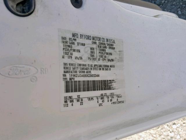 1FMZU34E8XZB02344 - 1999 FORD EXPLORER WHITE photo 10