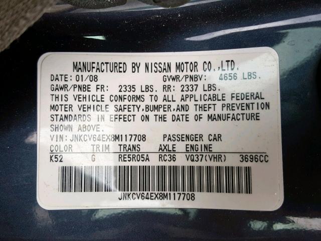 JNKCV64EX8M117708 - 2008 INFINITI G37 BASE BLUE photo 10