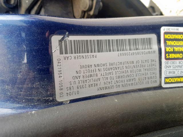 WVWPD63B54P206687 - 2004 VOLKSWAGEN PASSAT GLS BLUE photo 10