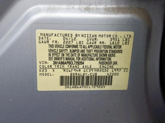 3N1AB6AP0CL729204 - 2012 NISSAN SENTRA 2.0 SILVER photo 10