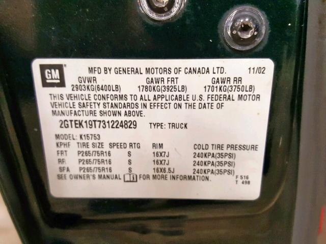 2GTEK19T731224829 - 2003 GMC NEW SIERRA GREEN photo 10