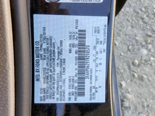 3FAHP06Z97R210570 - 2007 FORD FUSION S BLACK photo 10