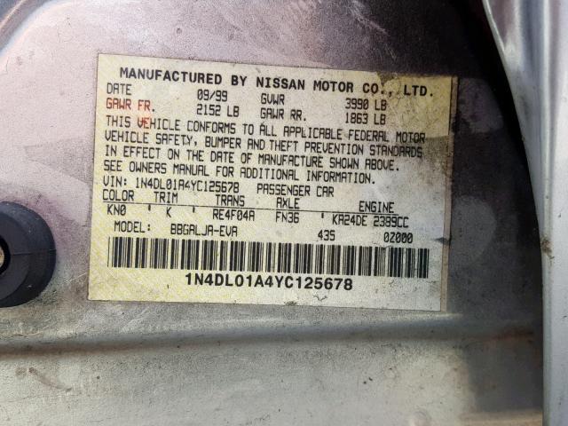 1N4DL01A4YC125678 - 2000 NISSAN ALTIMA XE SILVER photo 10