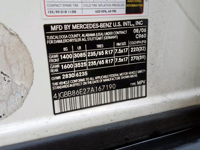 4JGBB86E27A167190 - 2007 MERCEDES-BENZ ML 350 WHITE photo 10