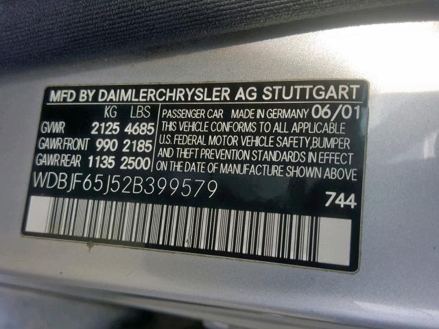 WDBJF65J52B399579 - 2002 MERCEDES-BENZ E 320 SILVER photo 10