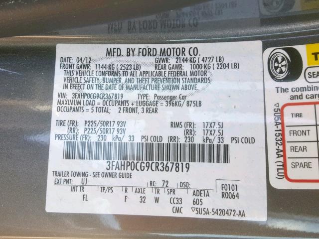 3FAHP0CG9CR367819 - 2012 FORD FUSION SEL GRAY photo 10