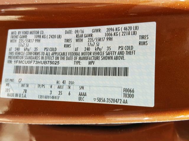 1FMCU0F73HUB75025 - 2017 FORD ESCAPE S BROWN photo 10