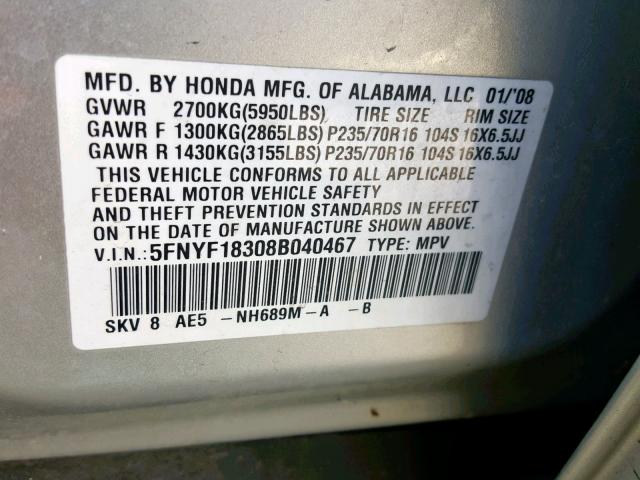 5FNYF18308B040467 - 2008 HONDA PILOT SE SILVER photo 10