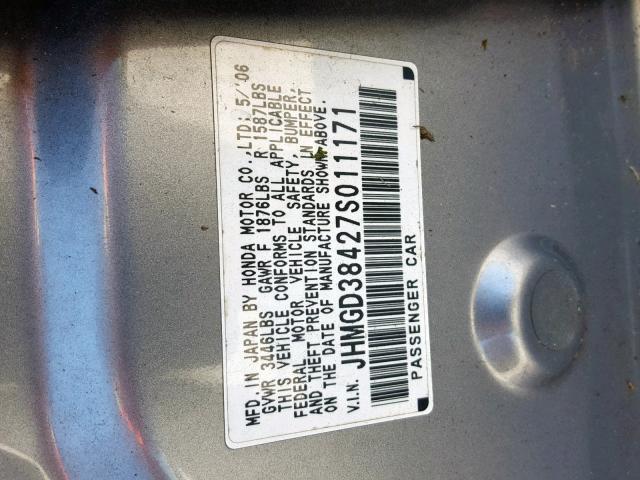 JHMGD38427S011171 - 2007 HONDA FIT GRAY photo 10