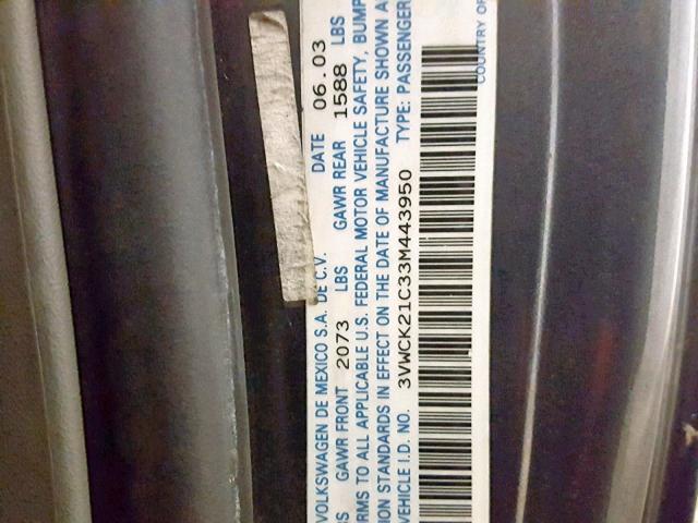 3VWCK21C33M443950 - 2003 VOLKSWAGEN NEW BEETLE ნაცრისფერი ფოტო 10