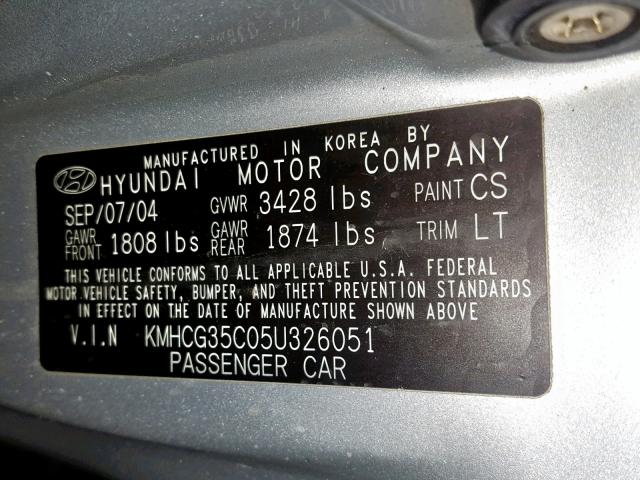 KMHCG35C05U326051 - 2005 HYUNDAI ACCENT GS SILVER photo 10