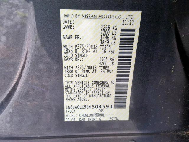 1N6BA0EC9EN504594 - 2014 NISSAN TITAN S GRAY photo 10