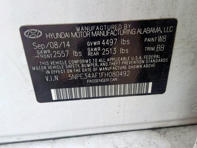 5NPE34AF1FH080492 - 2015 HYUNDAI SONATA SPO WHITE photo 10