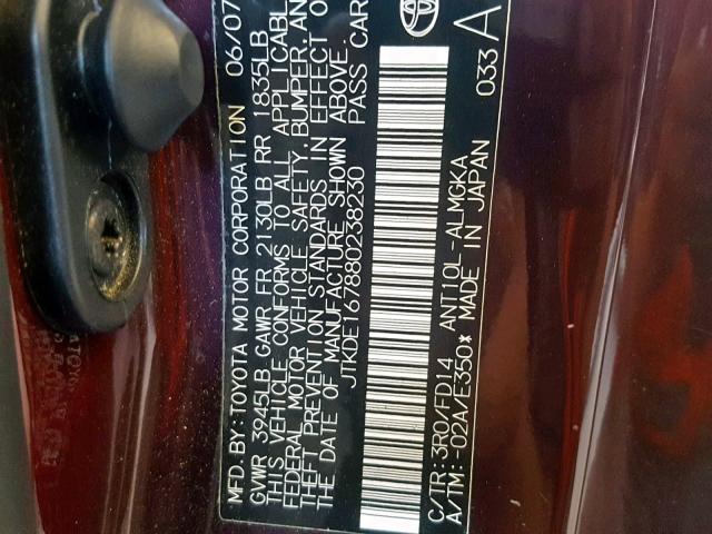 JTKDE167880238230 - 2008 TOYOTA SCION TC MAROON photo 10