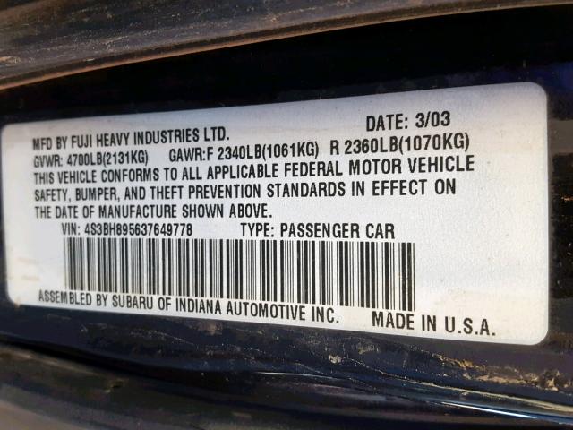 4S3BH895637649778 - 2003 SUBARU LEGACY OUT BLACK photo 10