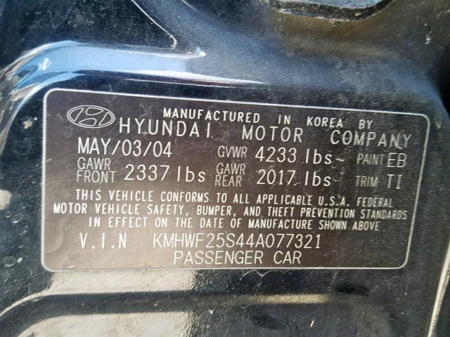 KMHWF25S44A077321 - 2004 HYUNDAI SONATA GL BLACK photo 10