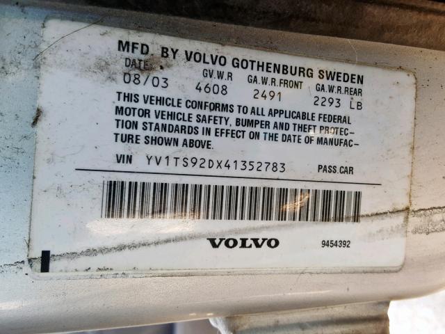 YV1TS92DX41352783 - 2004 VOLVO S80 SILVER photo 10